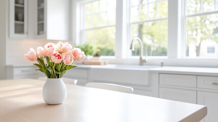 pink Tulips in vase on kitchen island counter