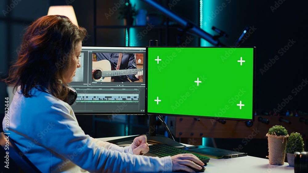 Poster videographer uses editing software on chroma key computer to assemble footage into final product. wo