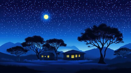 Fototapeta premium Night houses, starry sky, mountains, peaceful scene