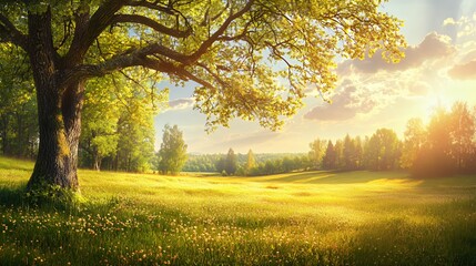 Fototapeta premium Majestic Oak Tree in a Sunlit Meadow at Sunset