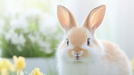 Obraz premium Cute bunny in spring flowers, Easter greeting card