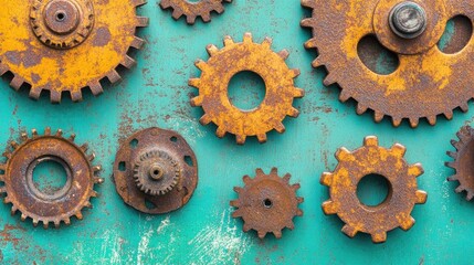 Rusted mechanical parts with textured surfaces on a bright cyan backdrop