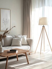 Sunlit living room with beige sofa, wooden coffee table, floor lamp, and dried flowers.