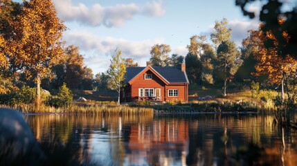 Red house reflecting in calm autumn lake.