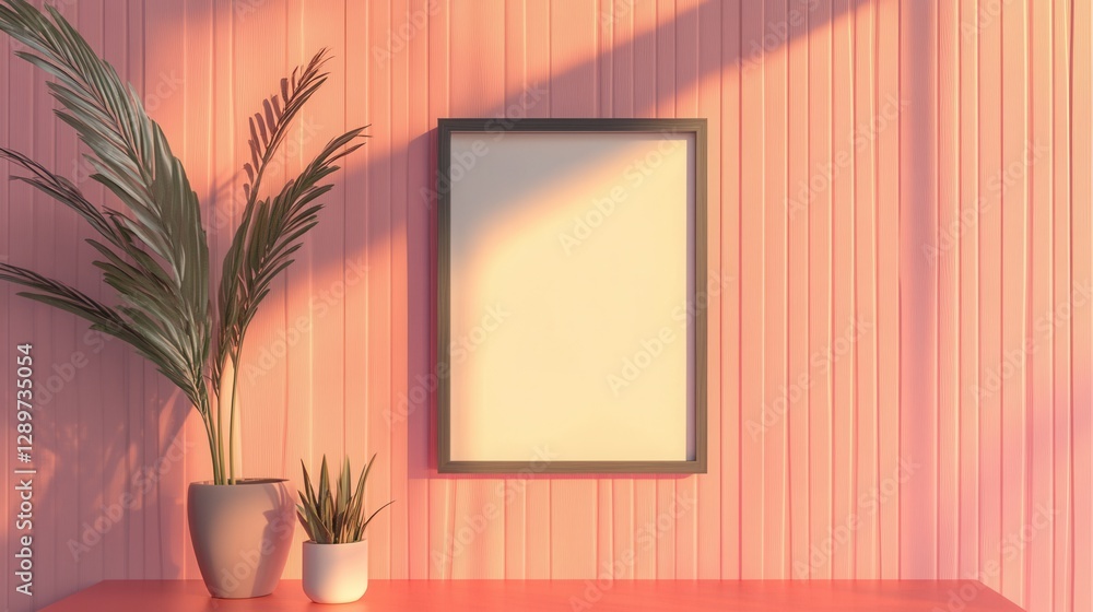 Poster minimalist interior design with empty frame and potted plants in soft pink setting
