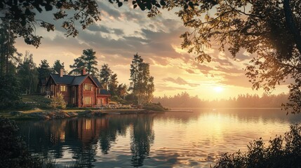 Naklejka premium Sunset over lake house, trees framing scene.