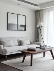Minimalist living room with light grey sofa, wooden coffee table, and abstract art.