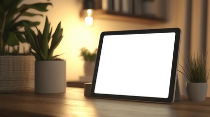 Fototapeta premium Modern Tablet Positioned on a Wooden Table Surrounded by Indoor Plants in a Warm, Cozy Environment