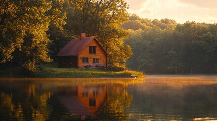 Obraz premium Sunrise over lake cabin reflection.