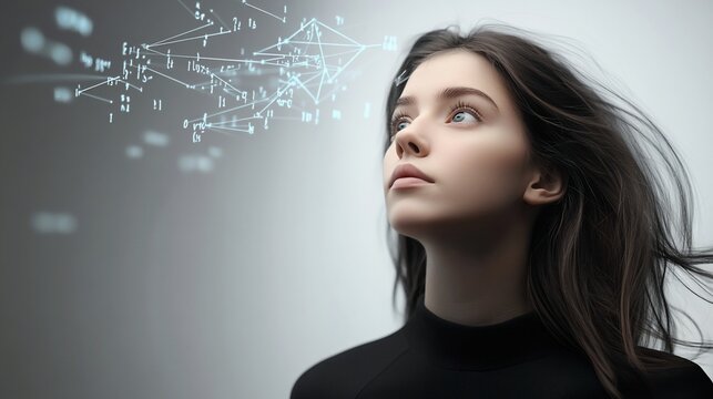 Woman contemplating complex equations.  Problem solving, future tech