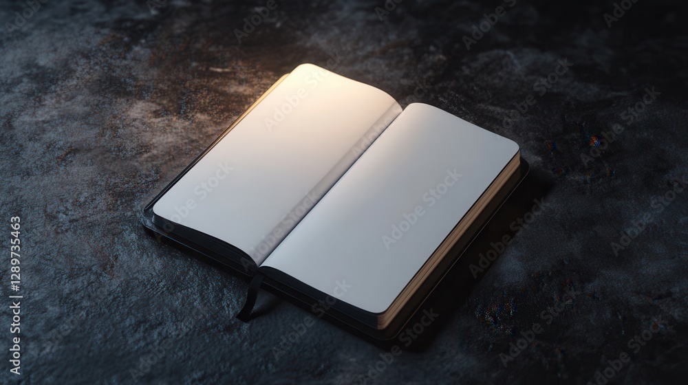 Poster open blank journal on dark rustic surface with soft light highlighting empty pages for creative idea