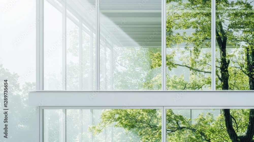 Poster modern glass building with trees reflected in windows.