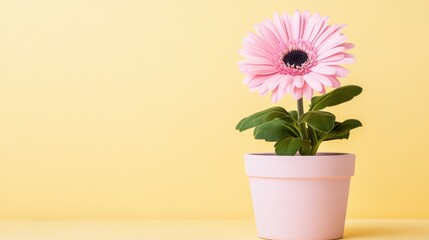 Single pink potted flower with a light pastel yellow background