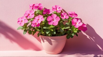 Small potted pink flowers with green leaves on a gradient pink background