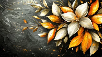 Poster Im Rahmen Detailed abstract painting displaying a flower with gold and white leaves © fadillah