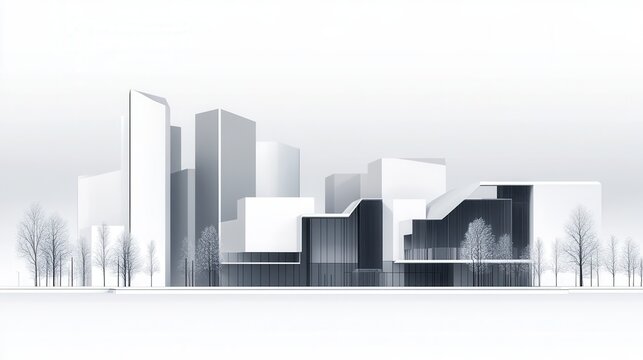 Modern Architectural Landscape with Abstract Shapes and Monochrome Design Elements Featuring Sleek Urban Structures