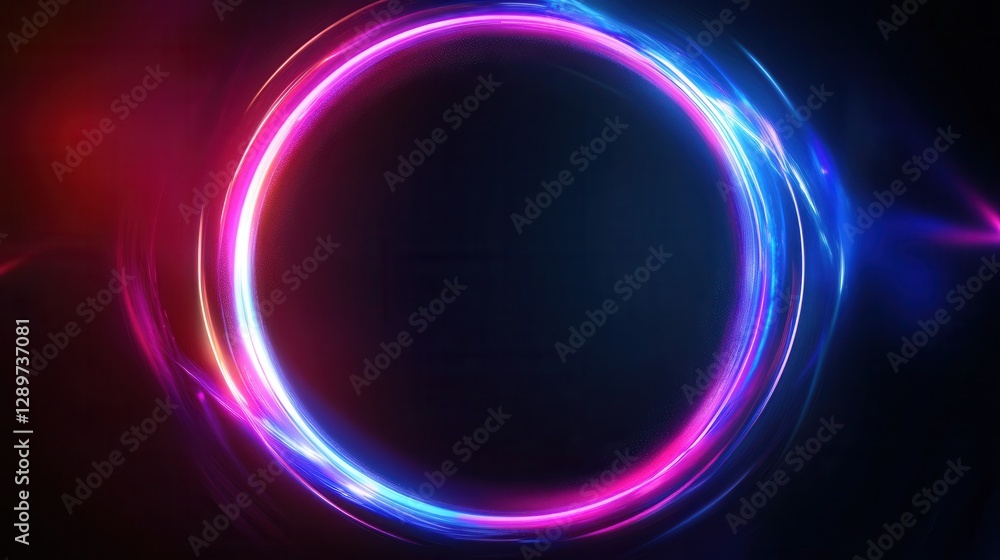 Poster bright circular neon light frame with colorful glowing effects in dark background for artistic and c