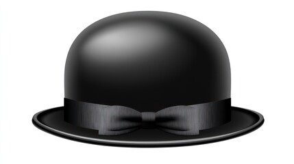 Fototapeta premium Black bowler hat, ribbon, white background, fashion