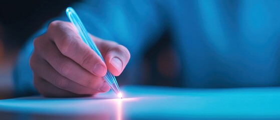 Hand Writing With Glowing Pen on Paper
