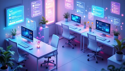 Fototapeta premium Modern office workspace featuring glowing interfaces and vibrant plants.