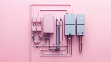 Technical drawing of a cooling system layout on a pastel pink background