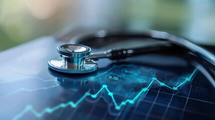 A Stethoscope on digital graph showing rising healthcare costs and trends