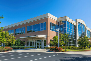 A Modern office building with large windows and landscaped surroundings