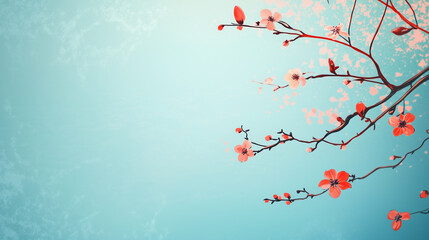Beautiful illustration of cherry blossom branches with pink flowers on a teal background