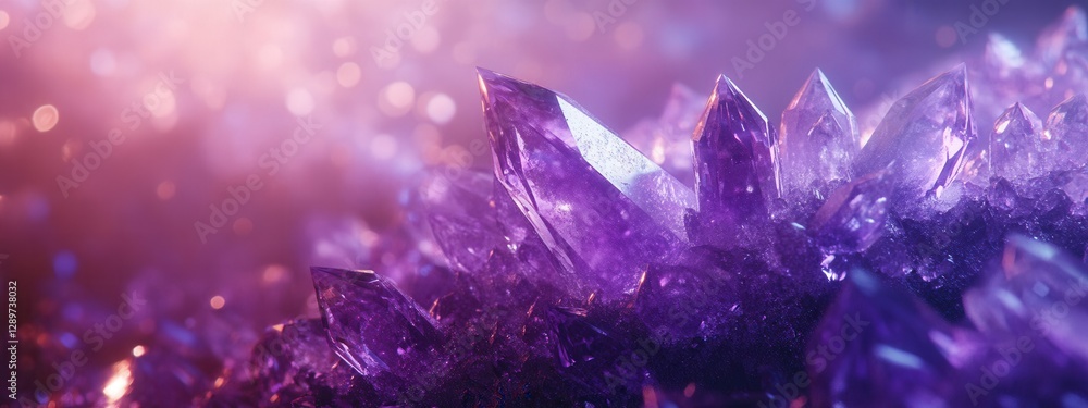 Poster ethereal close-up of luminous amethyst crystals glimmering in soft light with magical bokeh backgrou