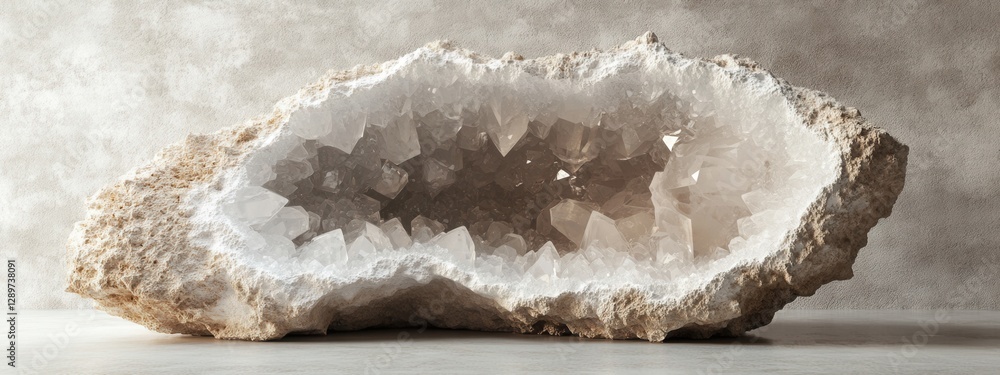 Poster natural crystal geode display with gleaming quartz formations against soft neutral background