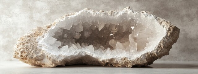 Natural Crystal Geode Display with Gleaming Quartz Formations Against Soft Neutral Background