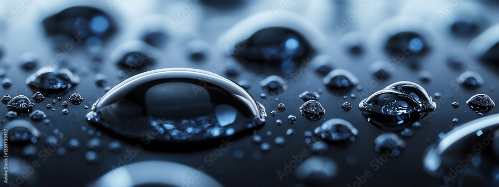 Poster close-up view of water droplets on dark surface creating an abstract background with artistic reflec