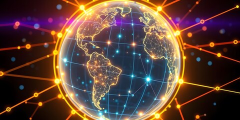 Fototapeta premium Glowing Neon Globe and Digital Network Nodes in Metaverse Virtual Space