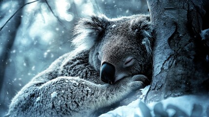 Naklejka premium Koala sleeping in snow.