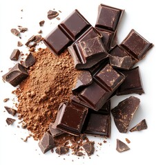 Rich Dark Chocolate Pieces and Cocoa Powder Displayed on White Background for Culinary and Gourmet Food Concepts