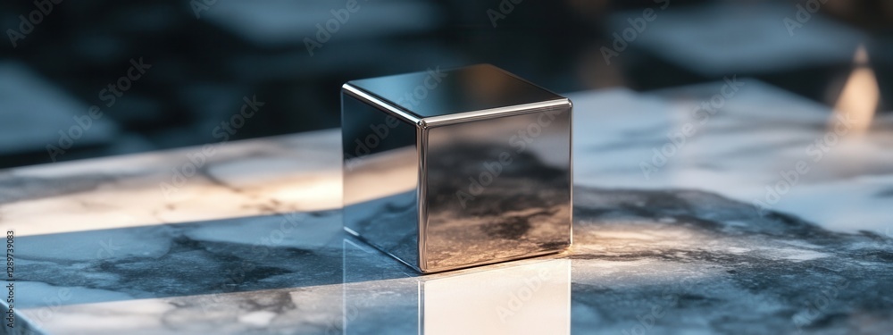 Poster reflective metallic cube on polished marble surface with soft lighting creating elegant atmosphere i