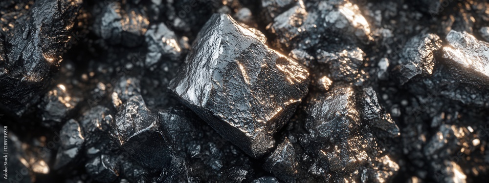 Aufkleber close-up view of metallic mineral rocks with shiny surfaces and complex textures on dark background