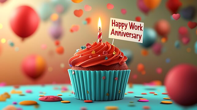 Celebratory cupcake with a lit candle and "Happy Work Anniversary" note on a cheerful background.