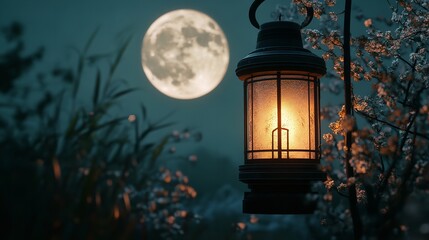 A warm, gentle lantern light glows under a full moon, casting a peaceful ambiance amidst blooming flowers and whispering grasses, creating a serene nightscape.