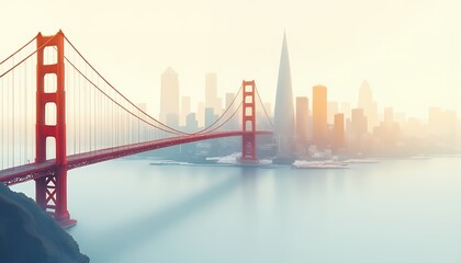 Fototapeta premium Golden Gate Bridge silhouetted against a hazy city skyline at dawn.