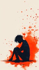 Silhouette of a Seated Person Amidst Vibrant Red and Orange Splashes on a Minimalist Off-White Background Abstract Art Illustration