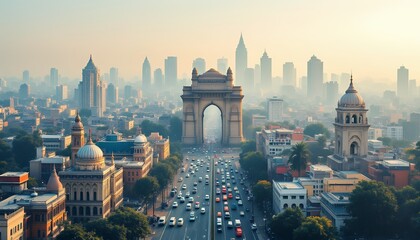 Fototapeta premium Aerial view of the India Gate surrounded by city skyline at sunrise.