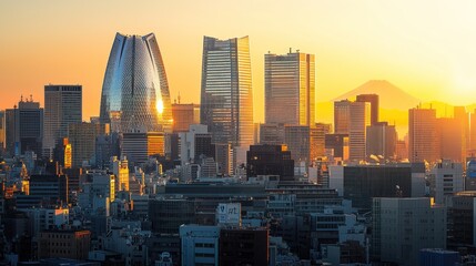 Golden hour sunset over futuristic cityscape with mountain.