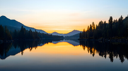 Fototapeta premium Serene Sunset Over Still Lake with Mountain Reflections