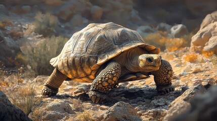 Fototapeta premium Giant tortoise walking on rocky terrain.