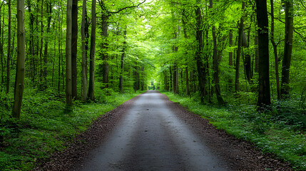 Fototapeta premium Sunlit Path Through Lush Green Forest