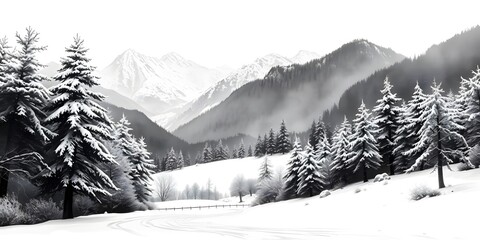 Obraz premium Crisp Winter Landscape in Ink Painting with Snow Covered Trees and Mountains