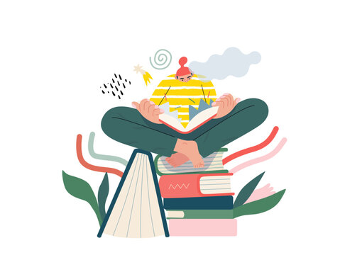 Life Unframed: Book universe -modern flat vector concept illustration of a reader on stack of books. Metaphor of unpredictability, imagination, whimsy, cycle of existence, play, growth and discovery