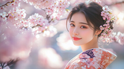 着物姿で桜の木の下でセルフィ &ndash; 和の華やかさと春の彩りを楽しむひととき