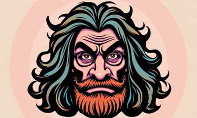 Obraz premium Intricately Designed Graphic Illustration Featuring a Stylized Human Face with Long Flowing Hair and Facial Hair Set Against a Subdued Background